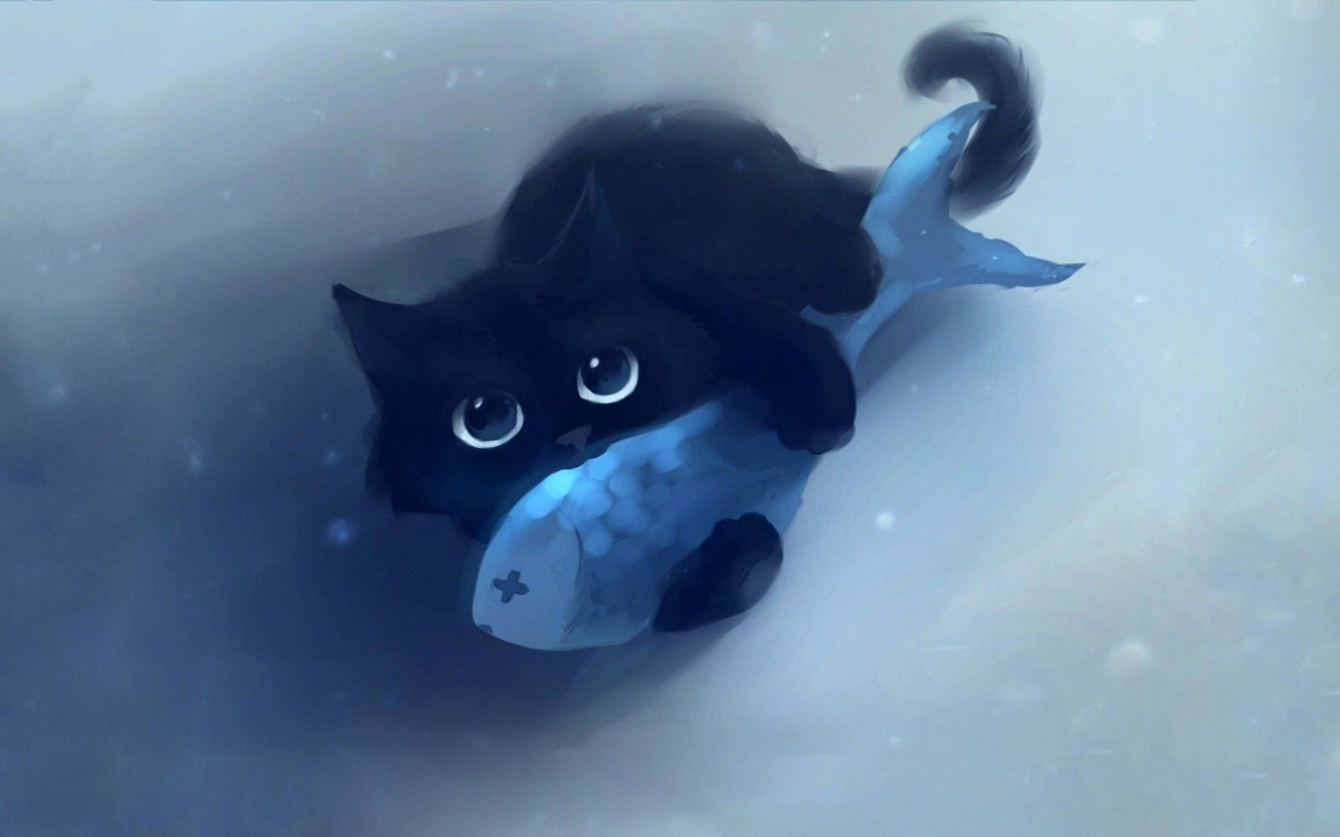 Cute Black Kitten With A Fish Background