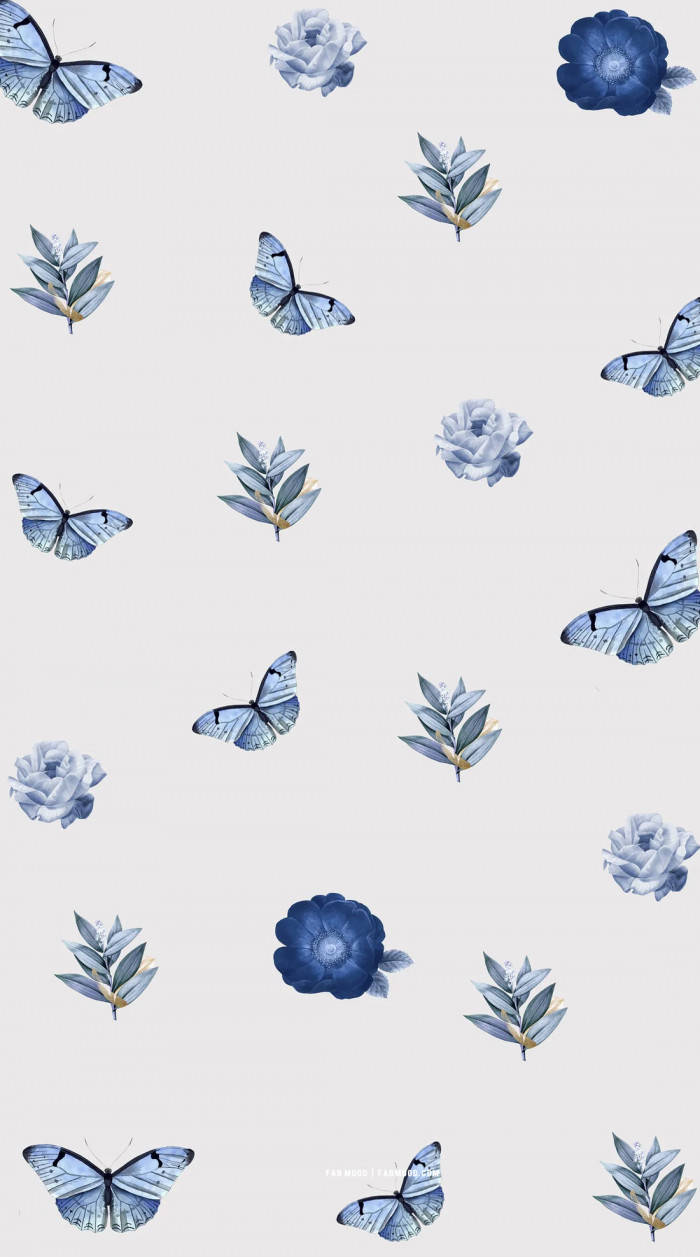 Cute Blue Phone Butterflies And Flowers Background
