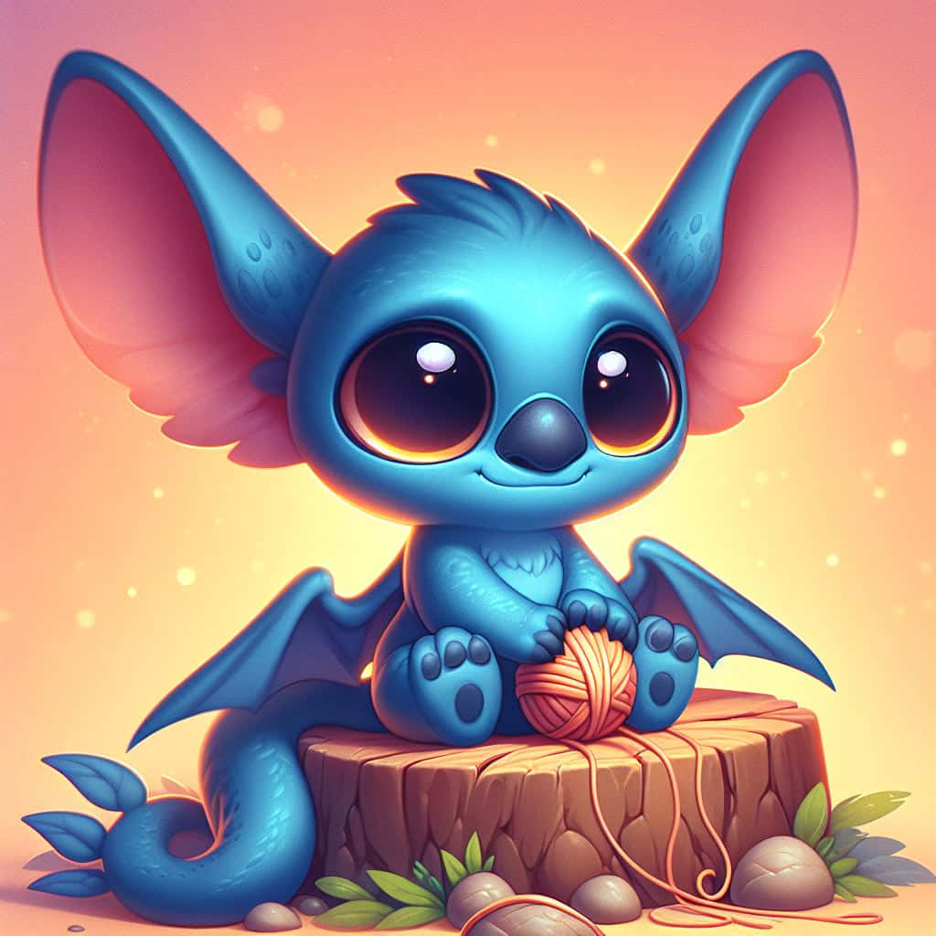 Cute Blue Stitch With Yarn Ball Background