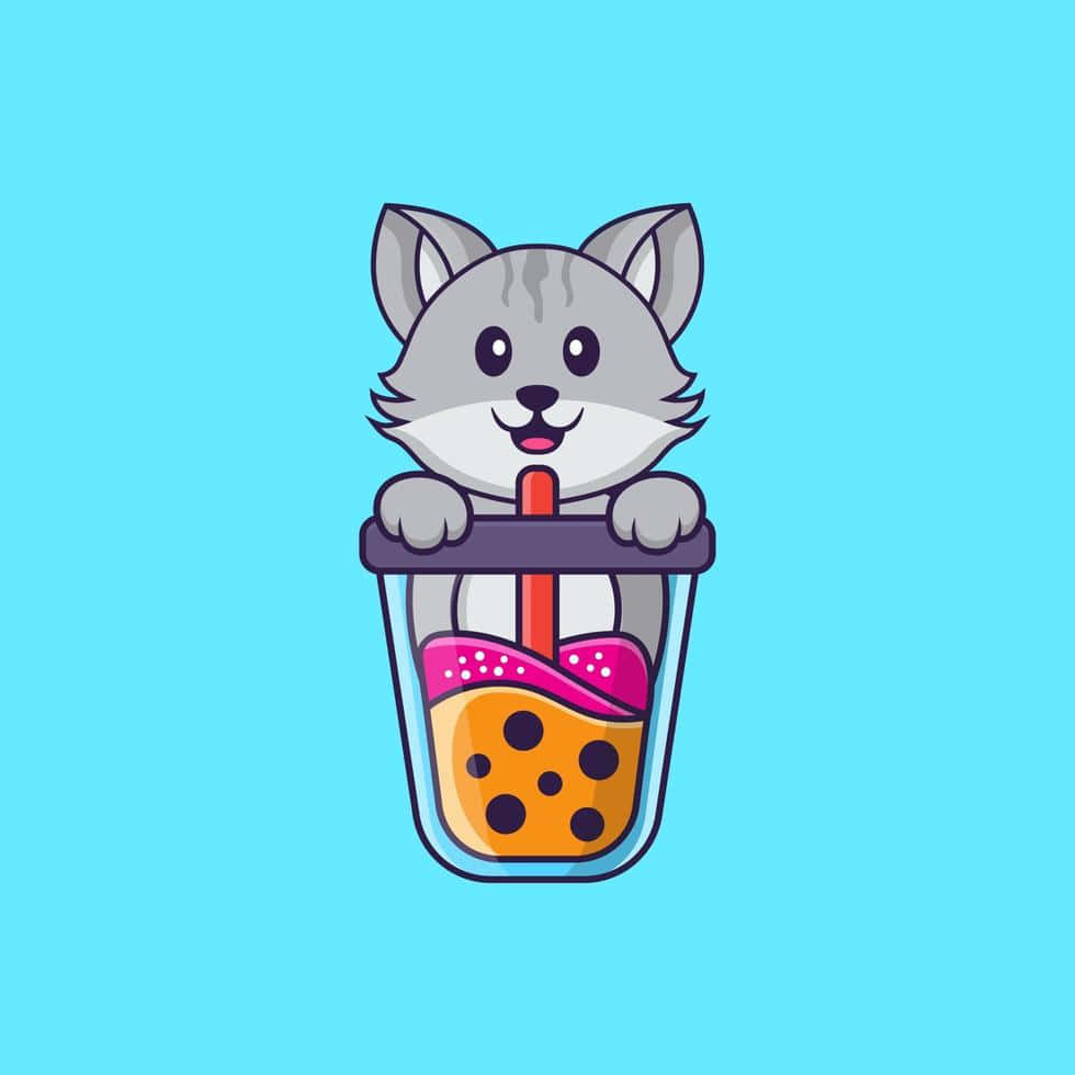 Cute Boba And Gray Cat Background