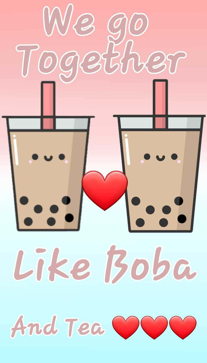 Cute Boba Couple With Red Hearts Background