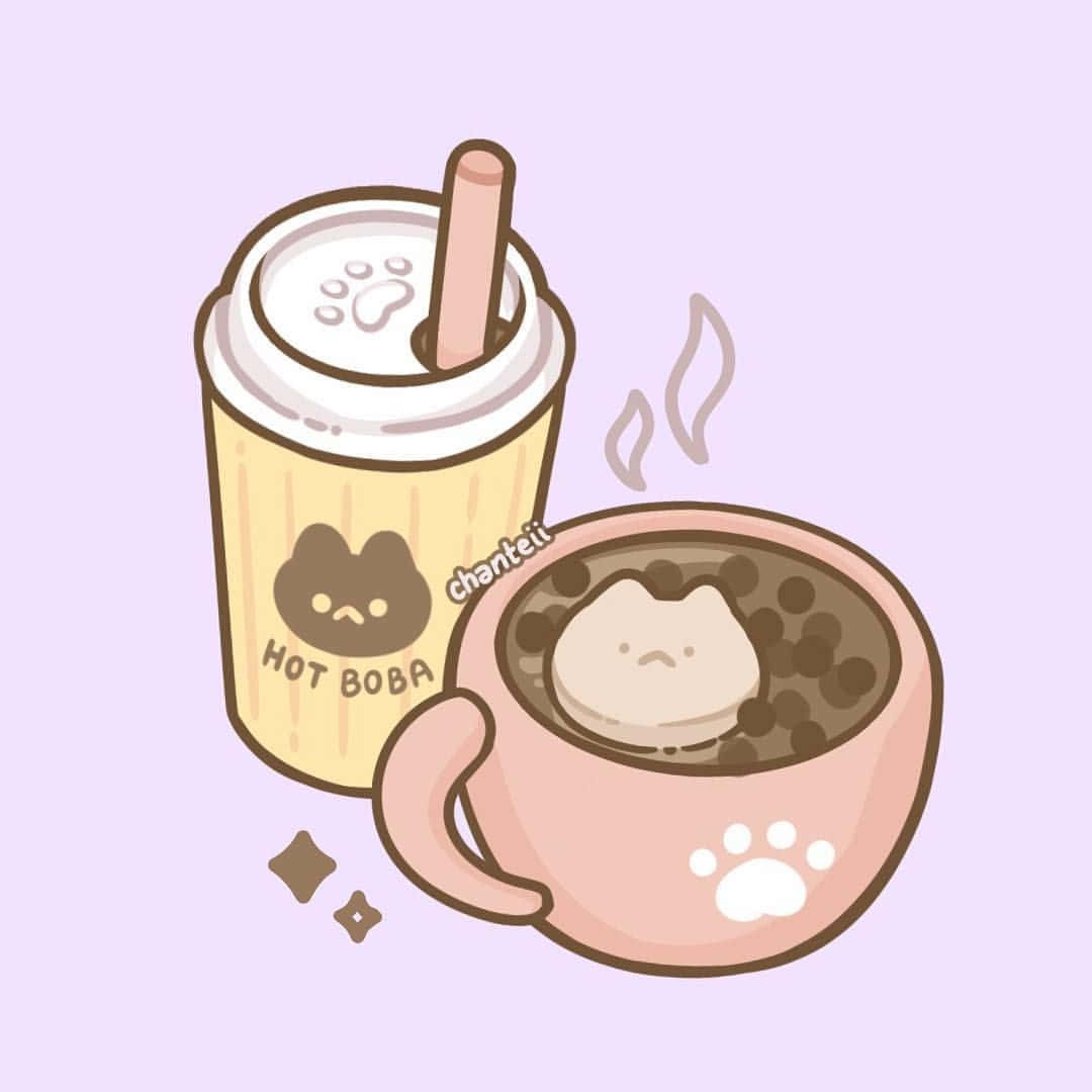Cute Boba In Cup Cat And Paws Design Background
