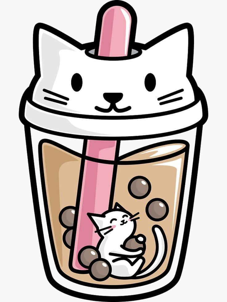 Cute Boba With White Cat Lid Background