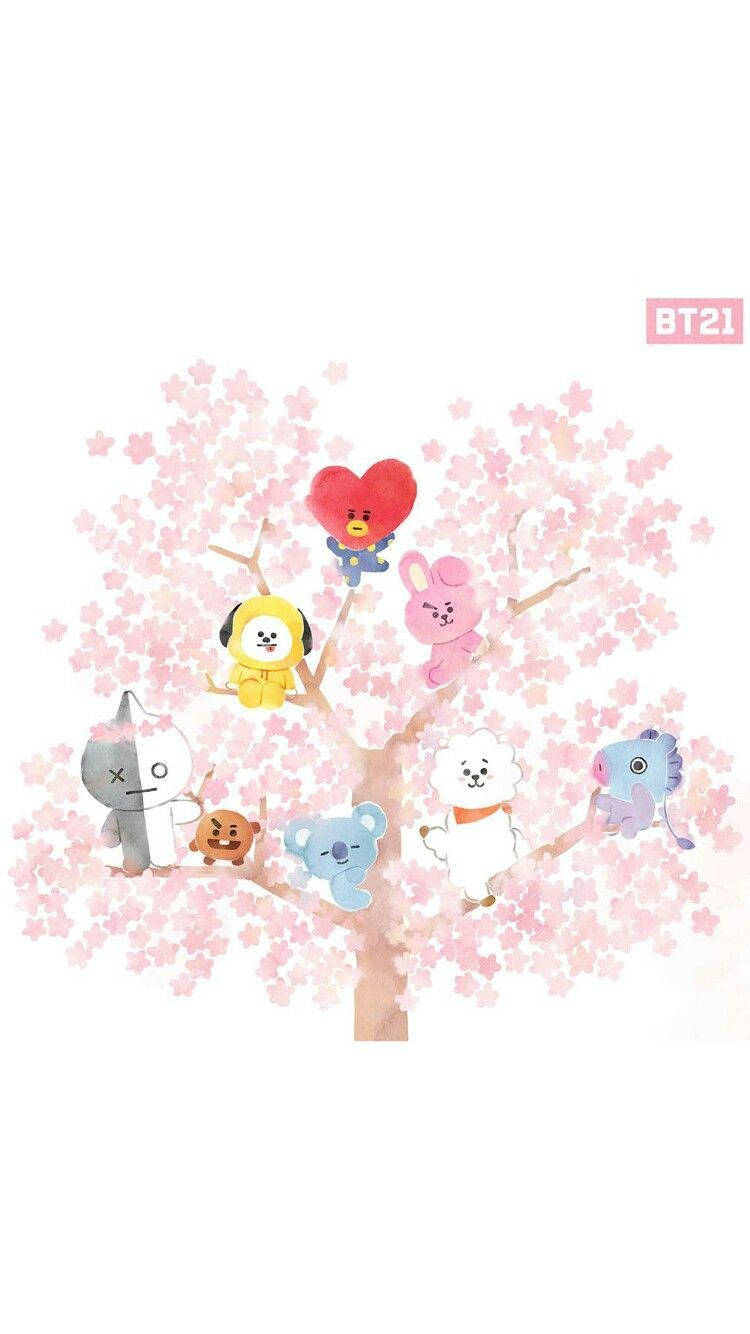 Cute Bt21 Cherry Blossom Background