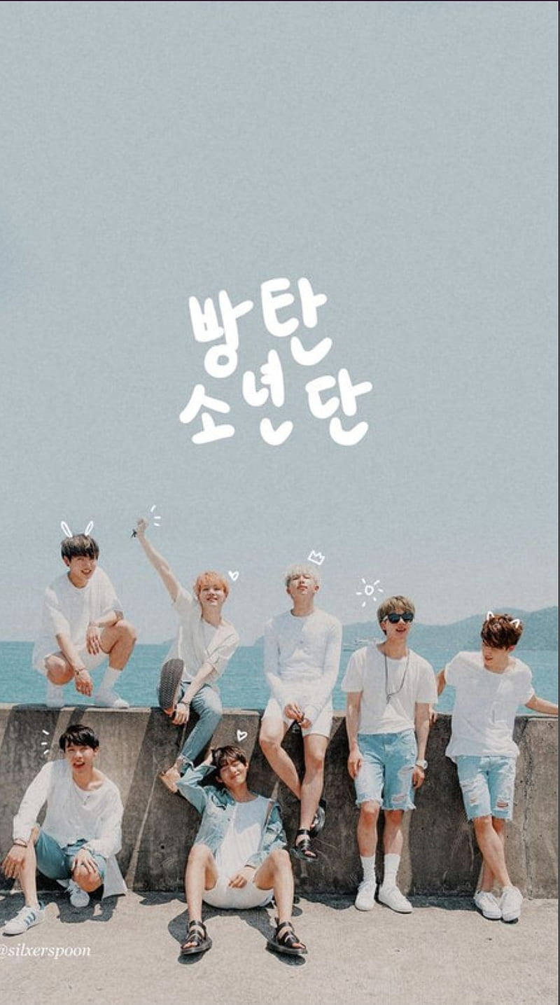 Cute Bts Group By The Beach Background