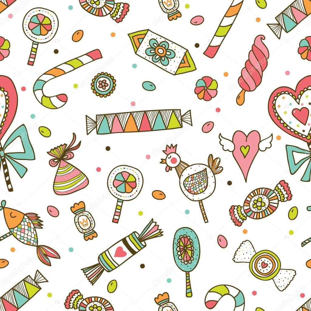Cute Candies Ribbons Hearts Background
