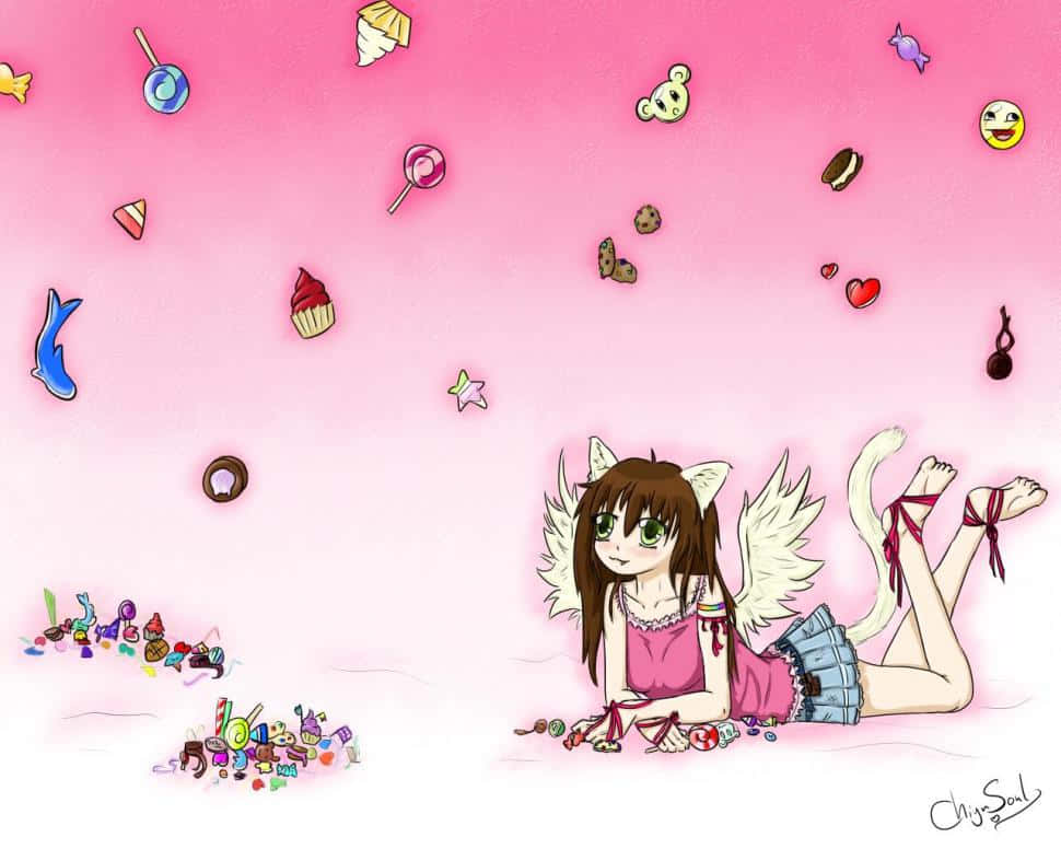 Cute Candy Girl With Wings Background