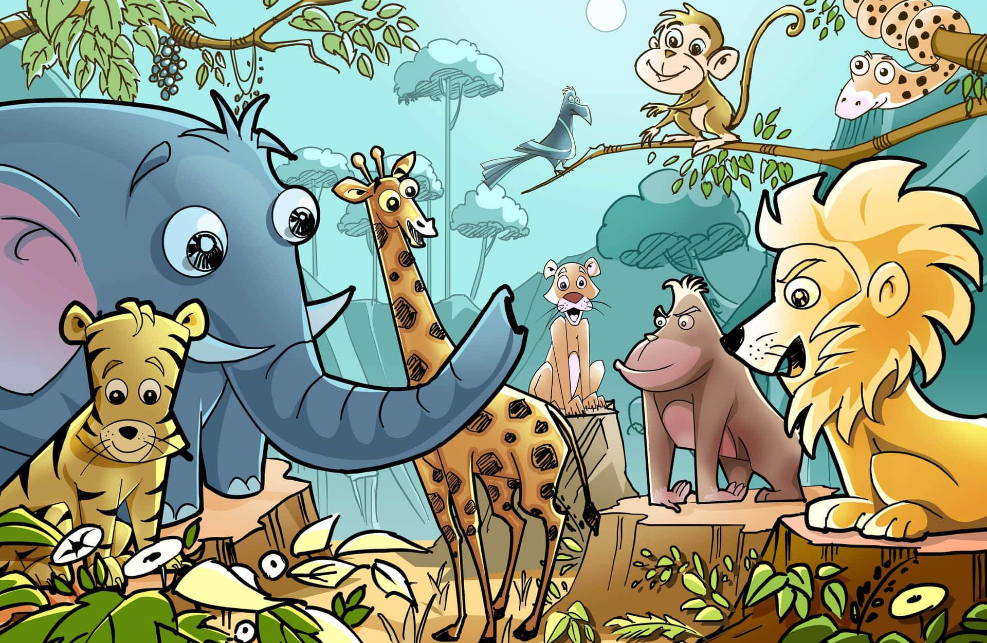 Cute Cartoon Animals In The Jungle