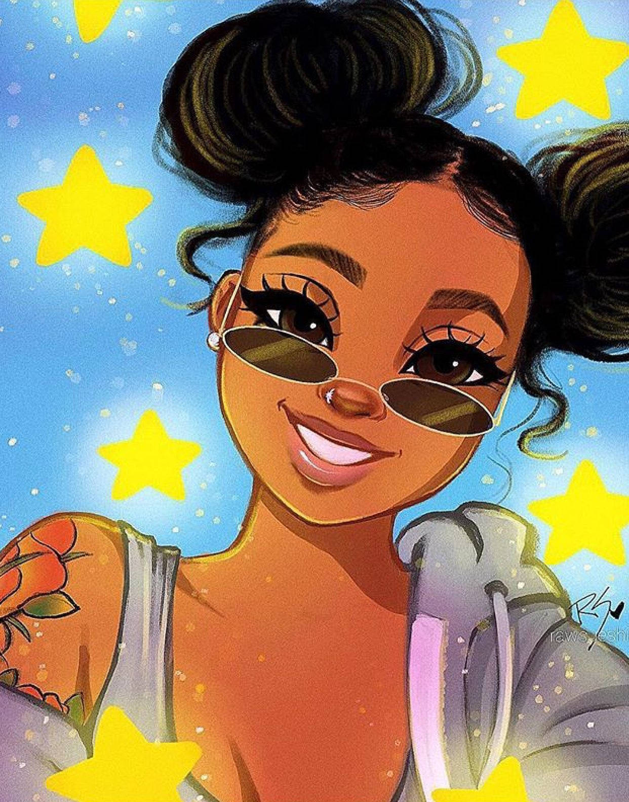 Cute Cartoon Black Girl And Stars Background