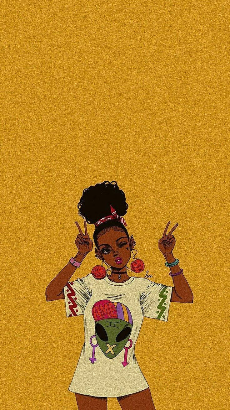 Cute Cartoon Black Girl Doing Peace Sign Background