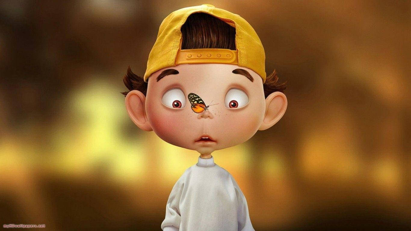 Cute Cartoon Boy With Butterfly On Nose Background