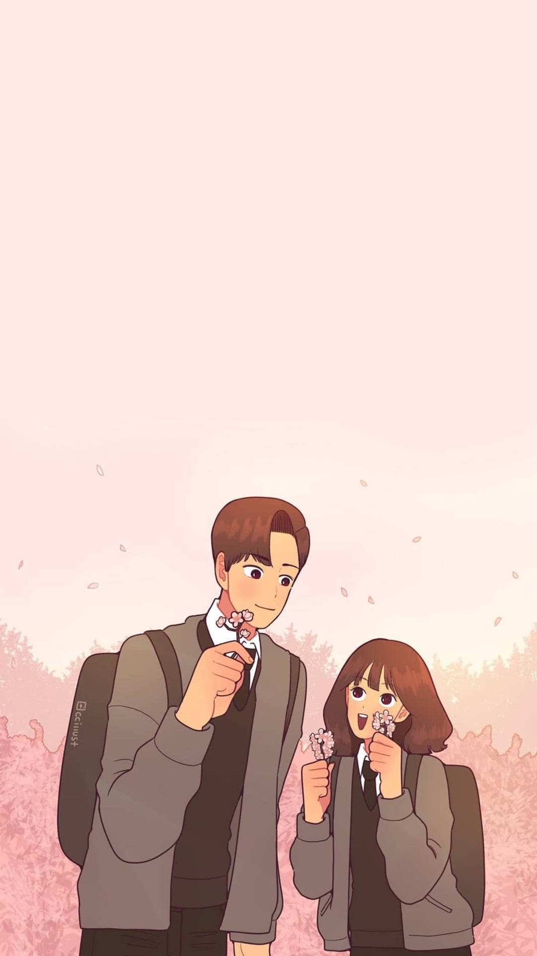 Cute Cartoon Couple Holding Cherry Blossoms Background
