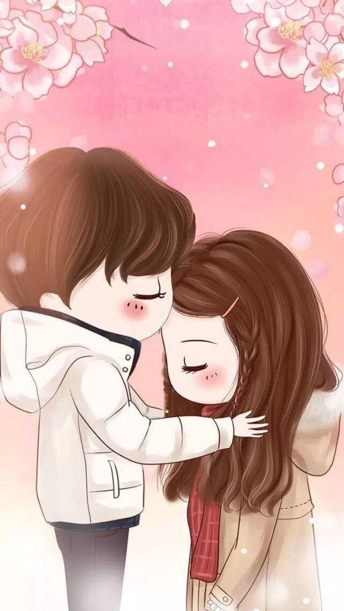 Cute Cartoon Couple Kissing Under Cherry Blossoms Background