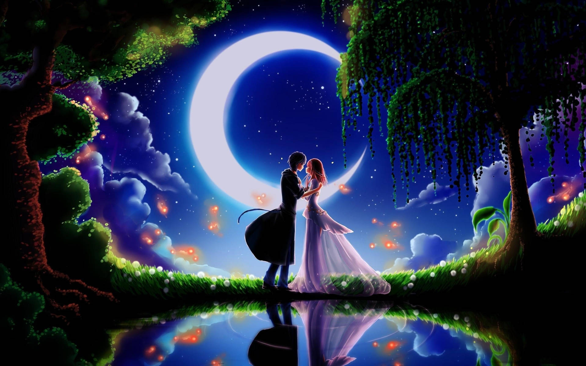 Cute Cartoon Couple Lake Night Background