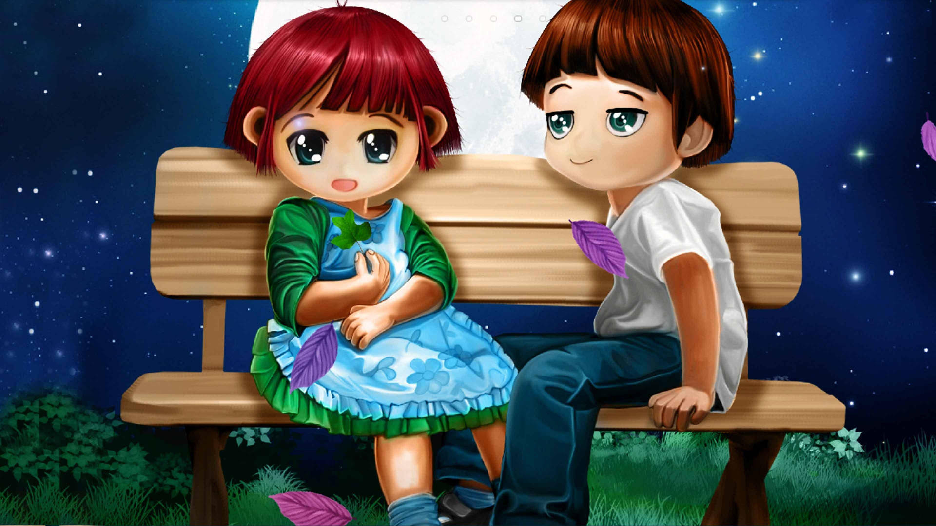 Cute Cartoon Couple On Bench Background