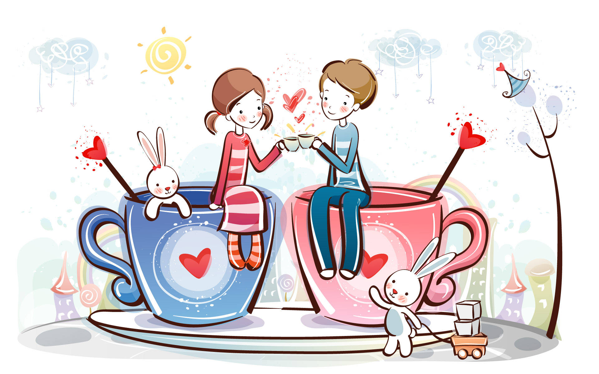 Cute Cartoon Couple On Cups Background