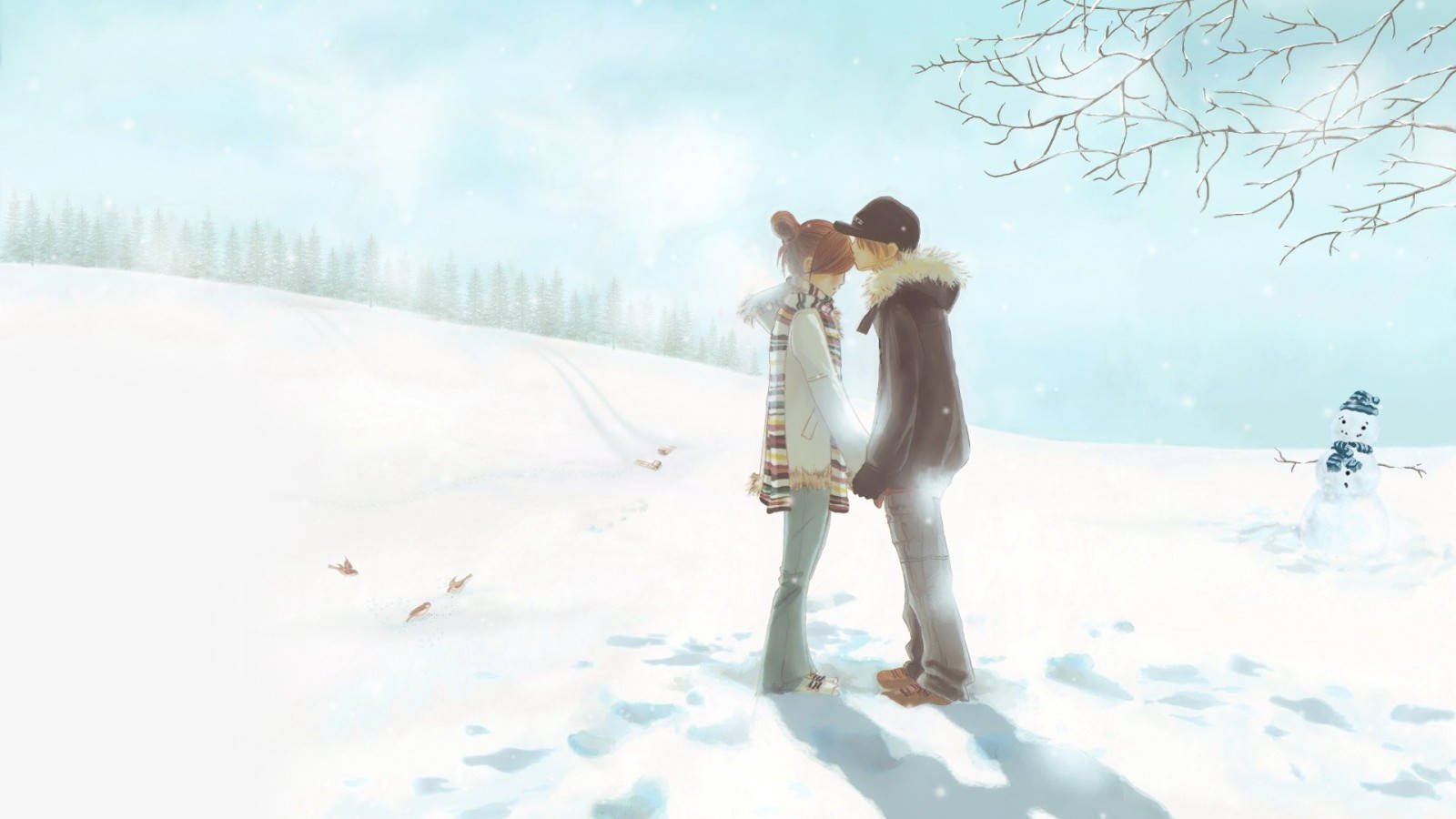 Cute Cartoon Couple On Snow Background