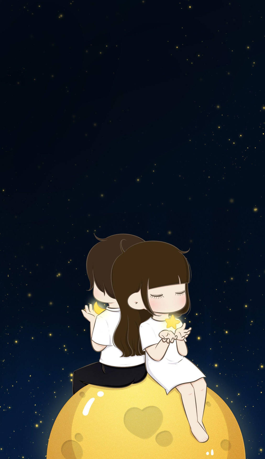 Cute Cartoon Couple On The Moon Background
