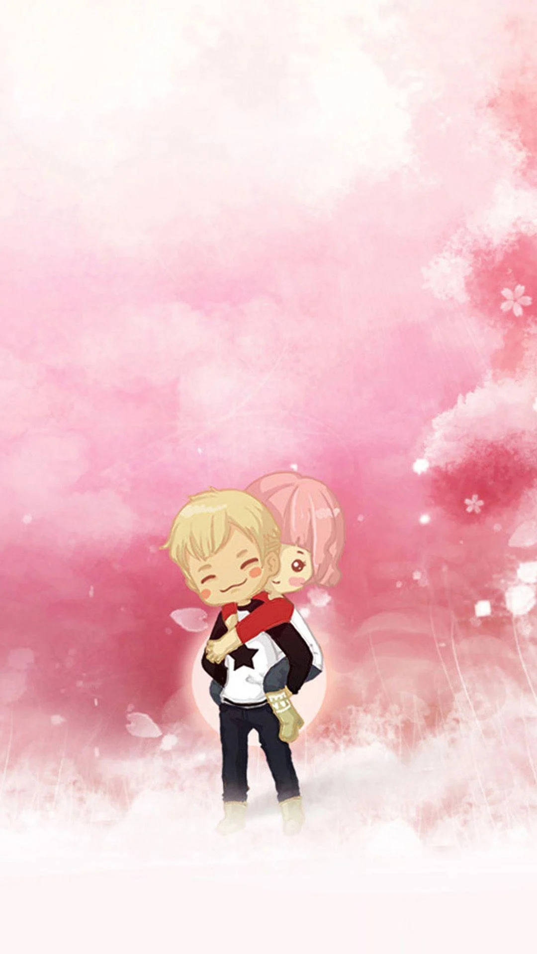 Cute Cartoon Couple Pink Sky Background