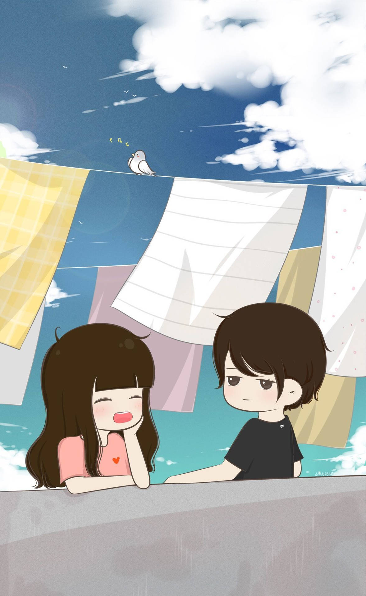 Cute Cartoon Couple Rooftop Background