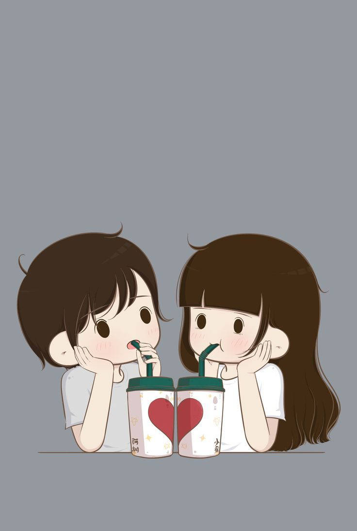 Cute Cartoon Couple Sipping From Tumblers Background