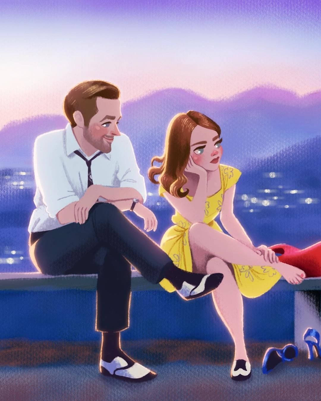 Cute Cartoon Couple Sitting Together Background