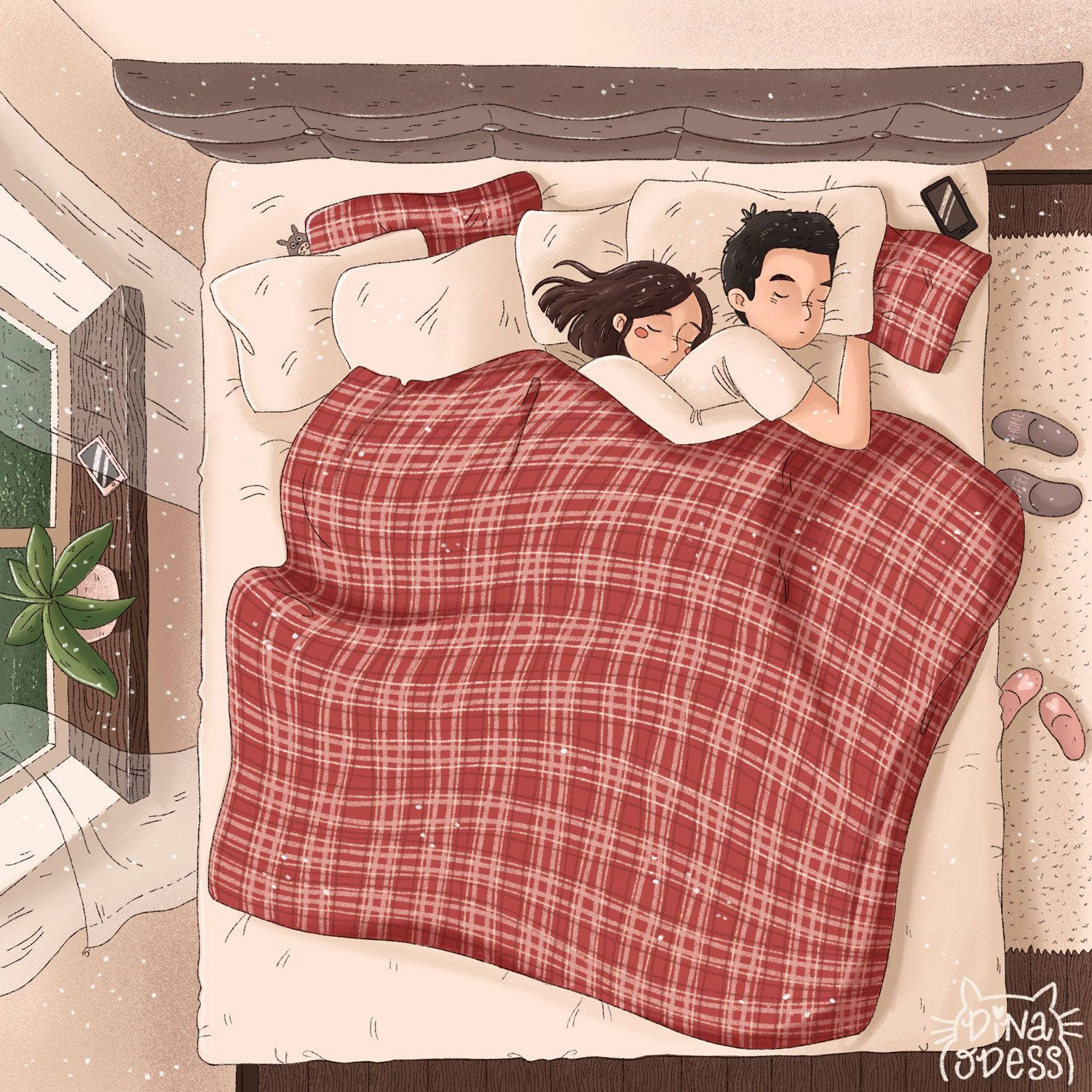 Cute Cartoon Couple Sleeping Background