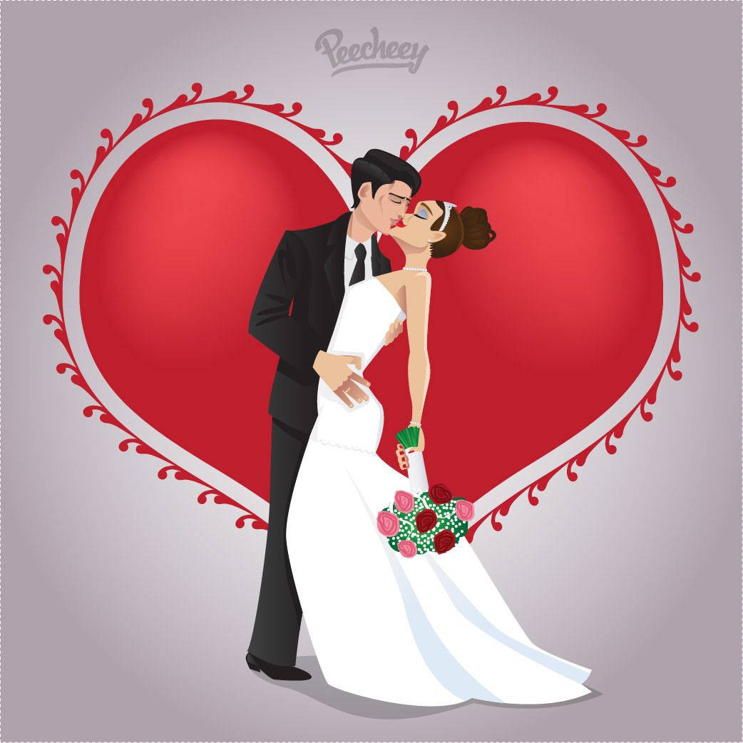 Cute Cartoon Couple Wedding Heart Background