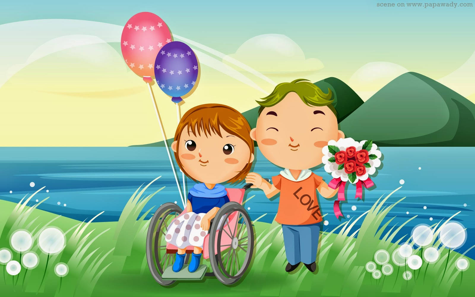 Cute Cartoon Couple Wheelchair Background