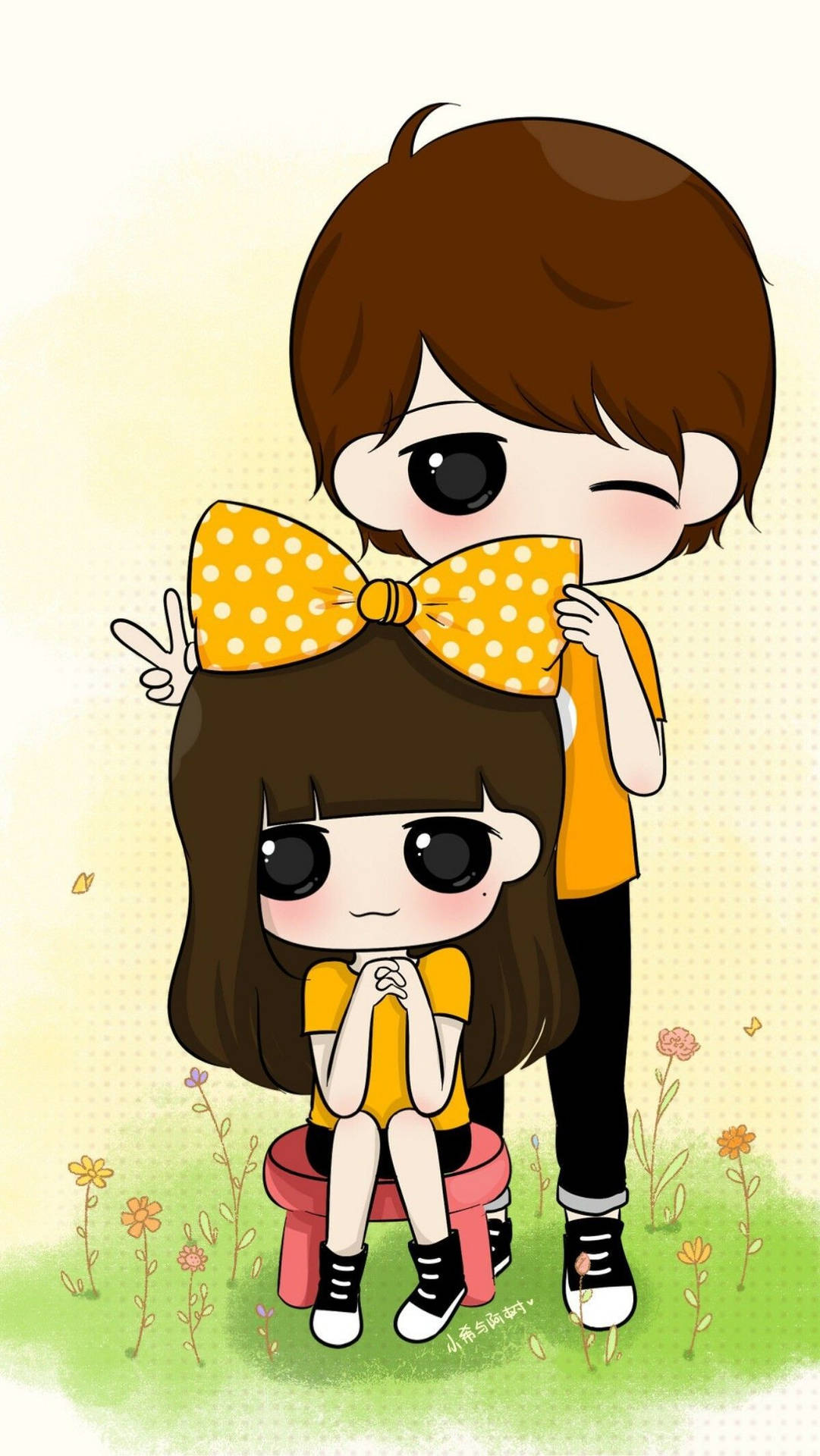 Cute Cartoon Couple Yellow Ribbon Background