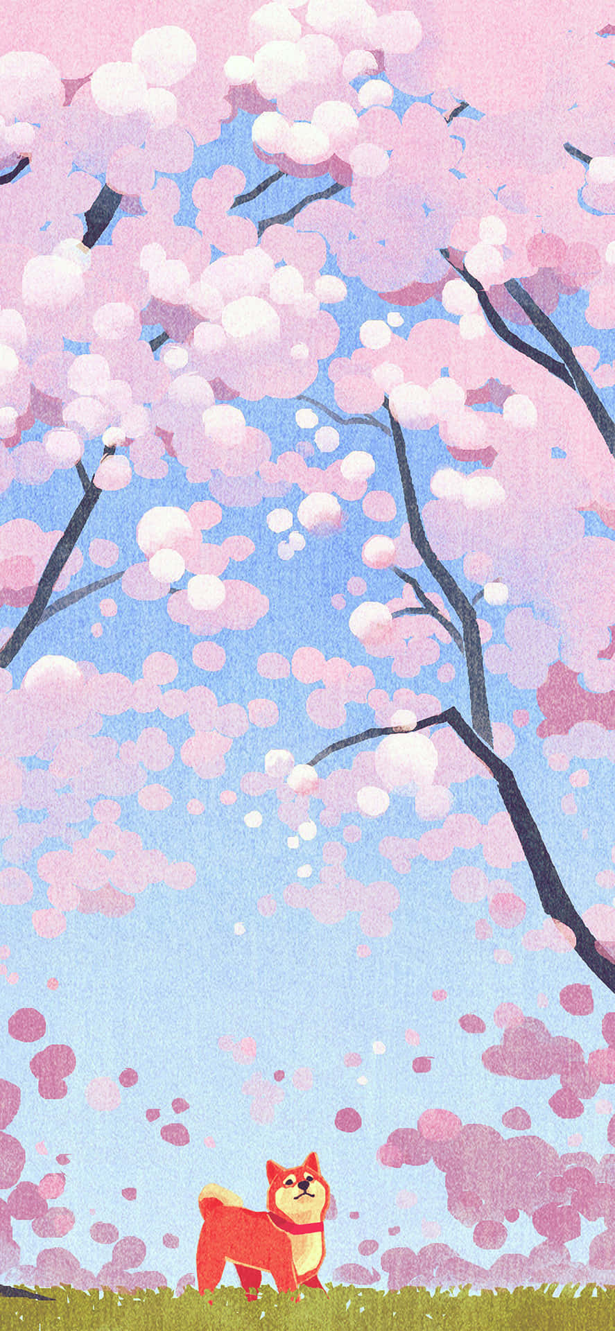 Cute Cartoon Dog Under Cherry Blossom Background