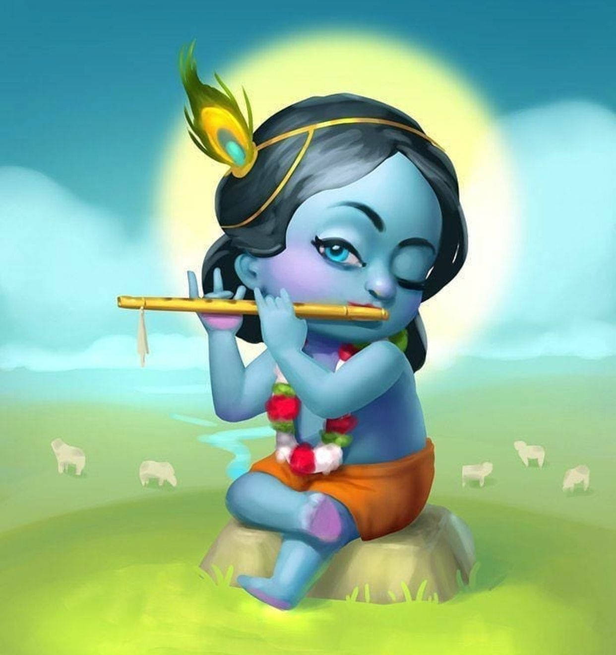 Cute Cartoon Krishna With Flute Background