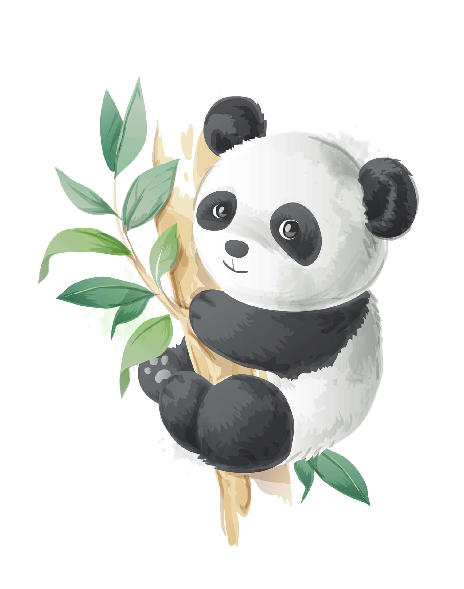 Cute Cartoon Panda On Tree Branch