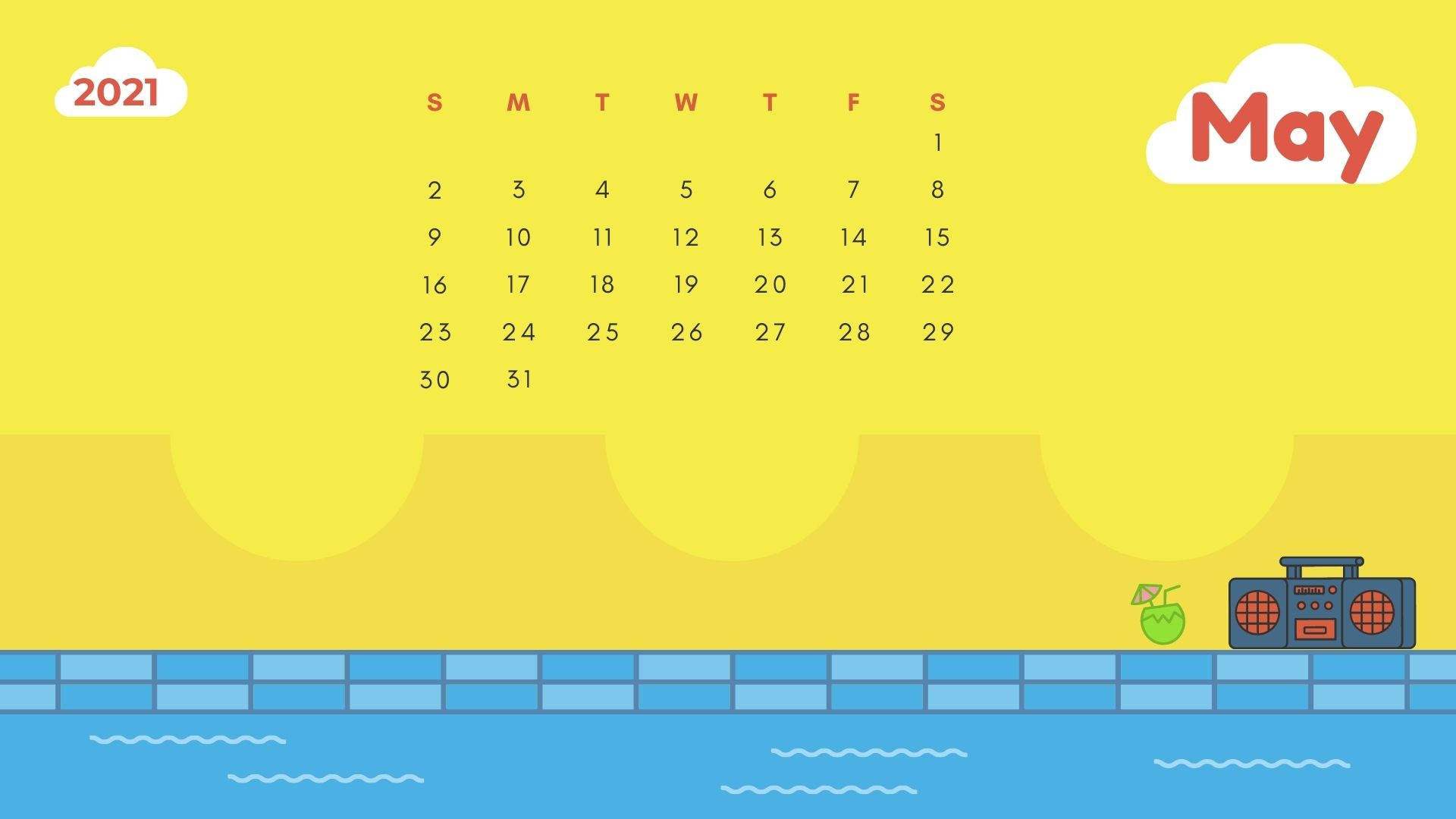 Cute Cartoon Pool May Calendar 2021 Background