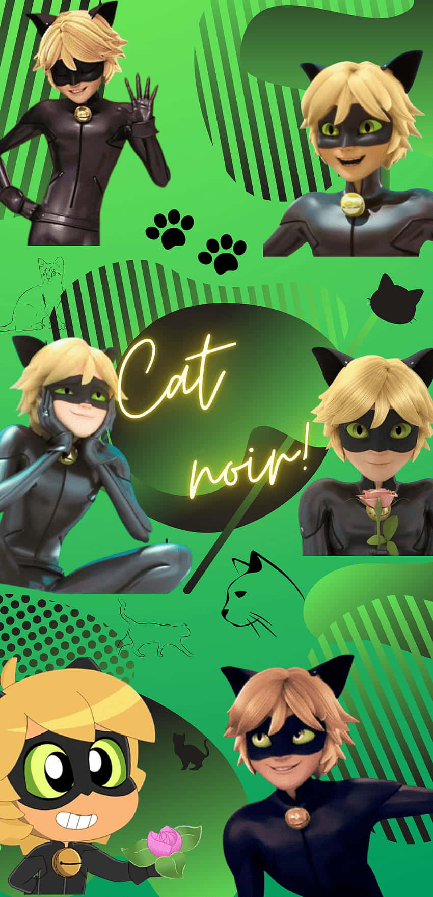 Cute Cat Noir Funky Green Collage Background