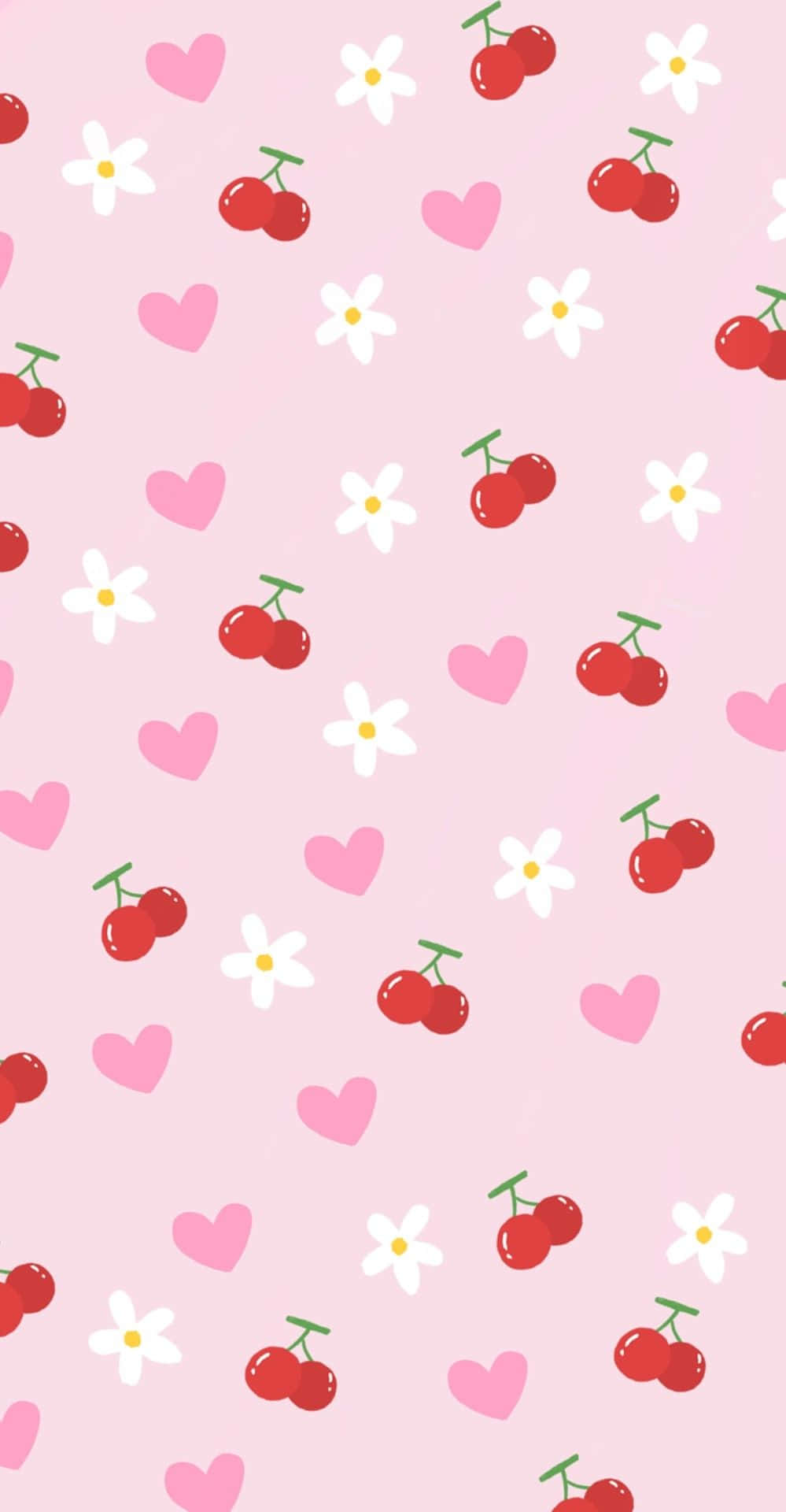 Cute Cherries With Pink Hearts And White Flowers