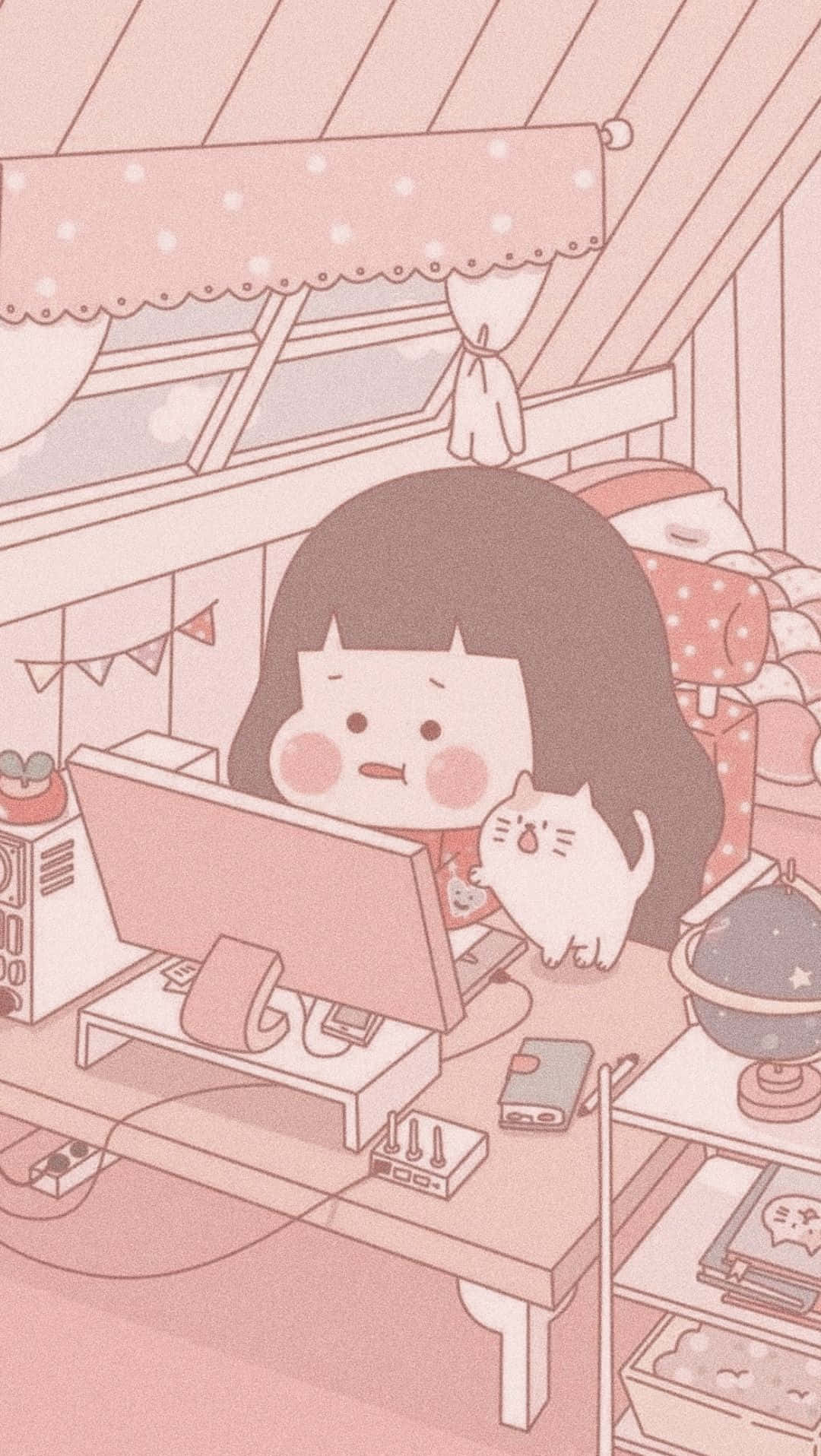 Cute Chibi Korean Anime Girl Working Background