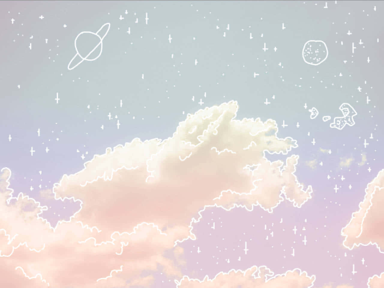 Cute Cloud With Doodles Of Stars And Planets Background