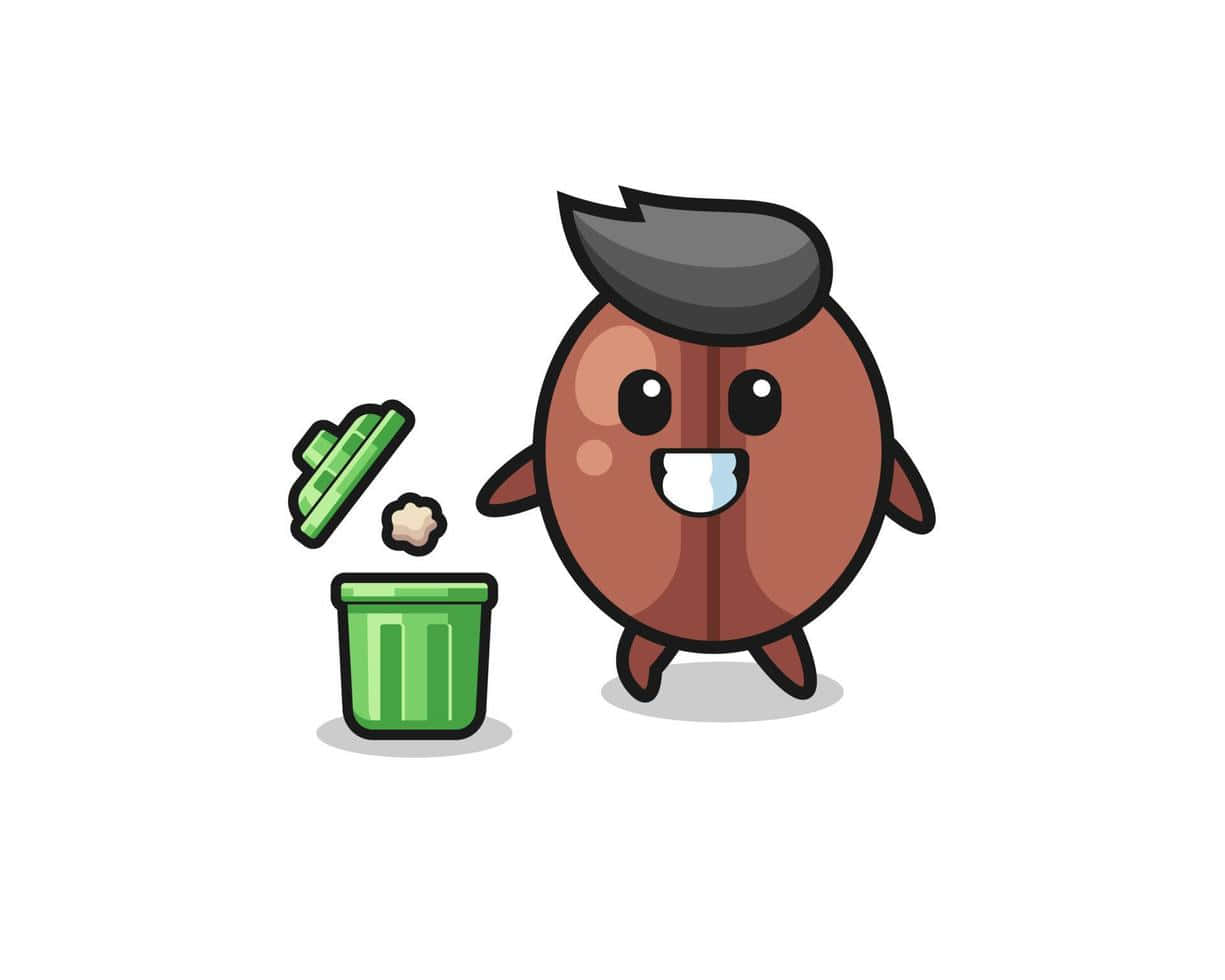 Cute Coffee Bean Throwing Garbage In The Trash Can Background