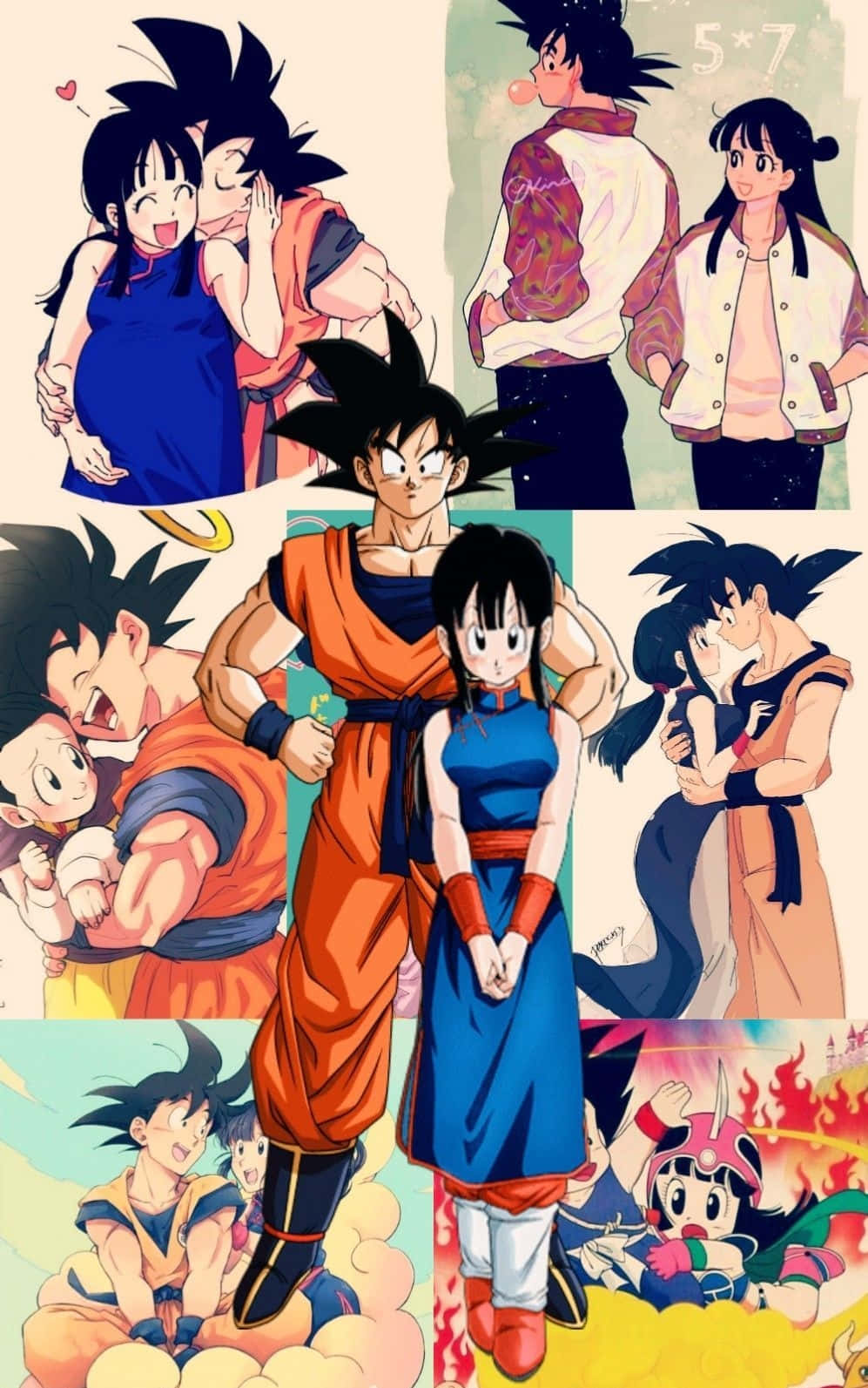 Cute Collage Goku And Chichi Background