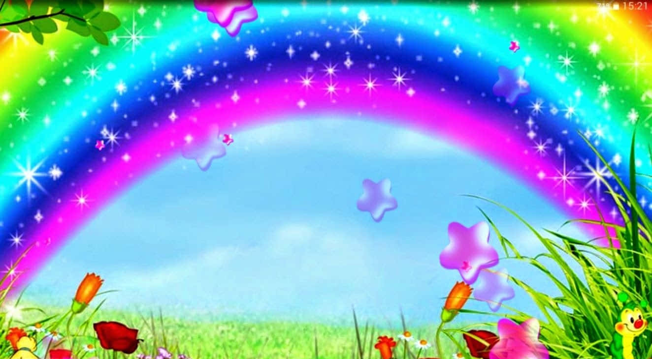 Cute Colorful Rainbow And Beautiful Flowers Background
