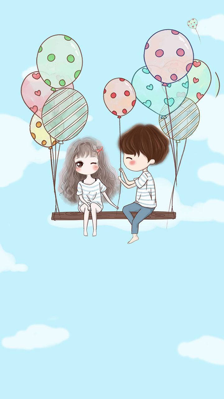 Cute Couple Cartoon Balloons In The Sky Background