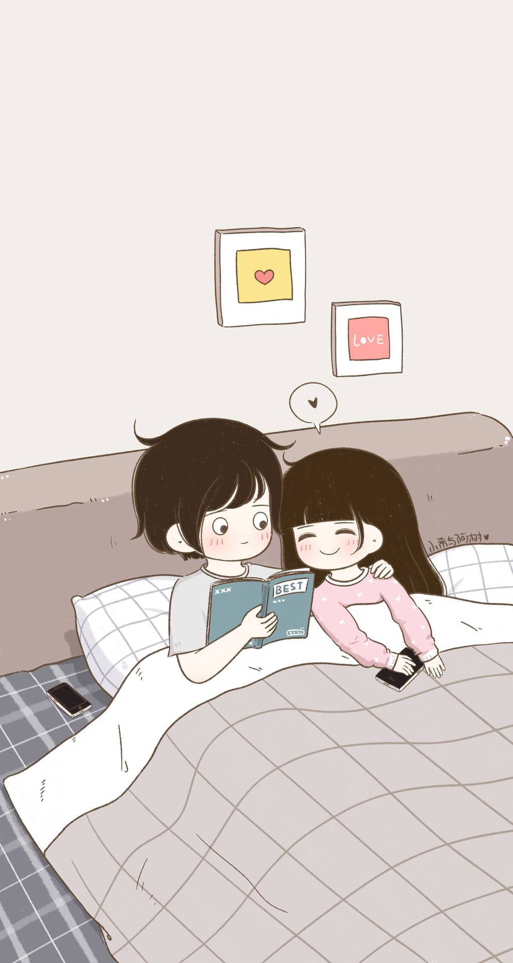 Cute Couple Cartoon Bedroom Book Background