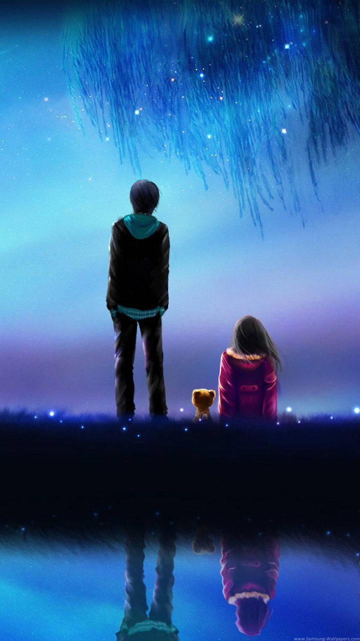 Cute Couple Cartoon Blue Night Sky Background