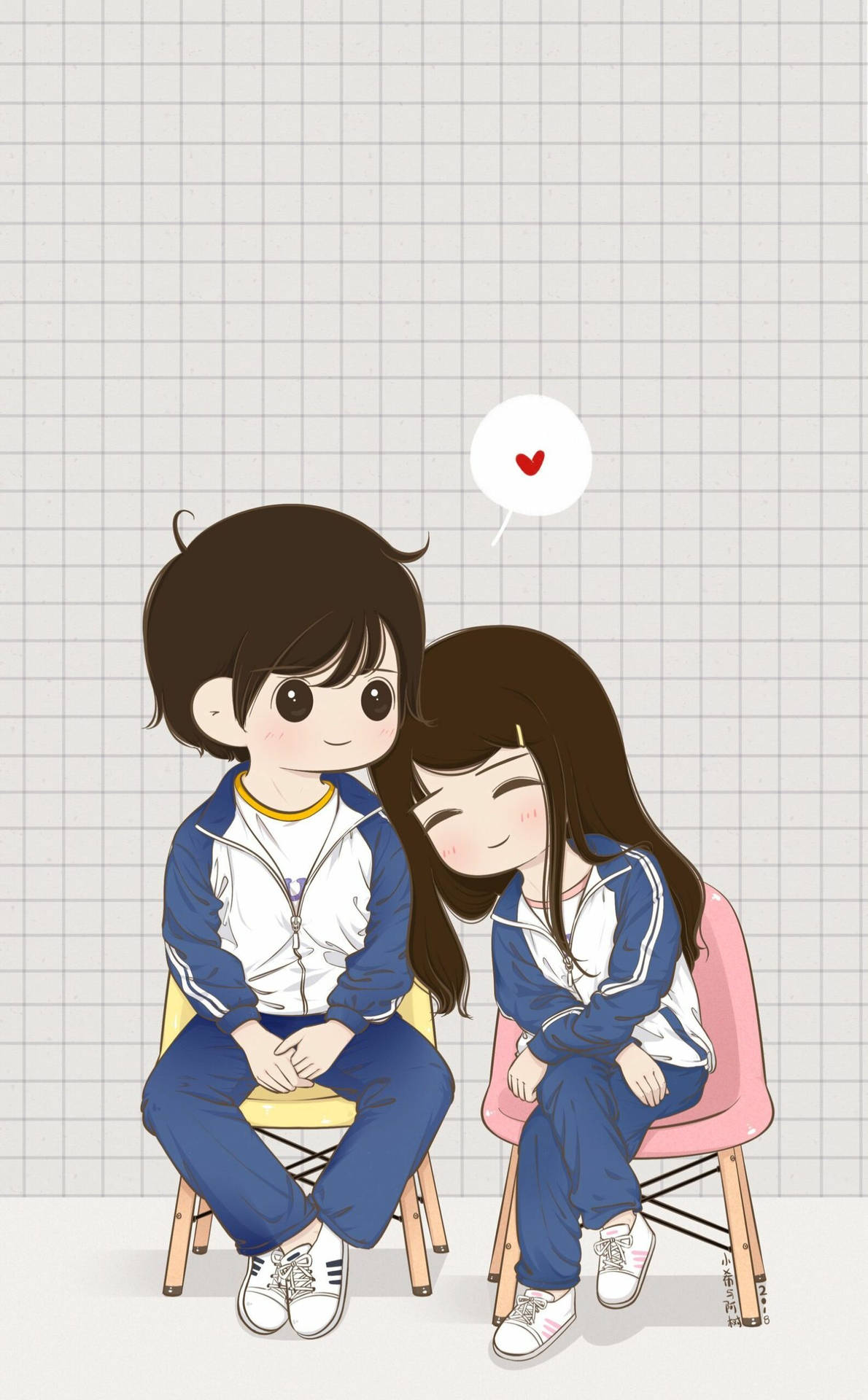 Cute Couple Cartoon Blue Student Uniform Background