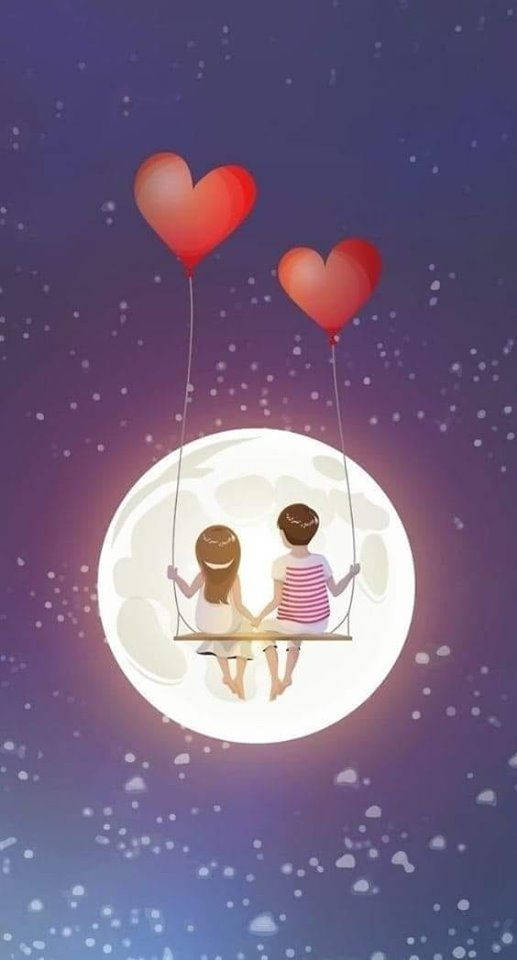 Cute Couple Cartoon Full Moon Background