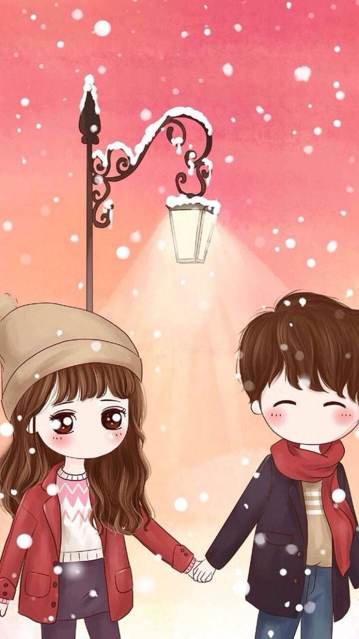 Cute Couple Cartoon In Snow Background