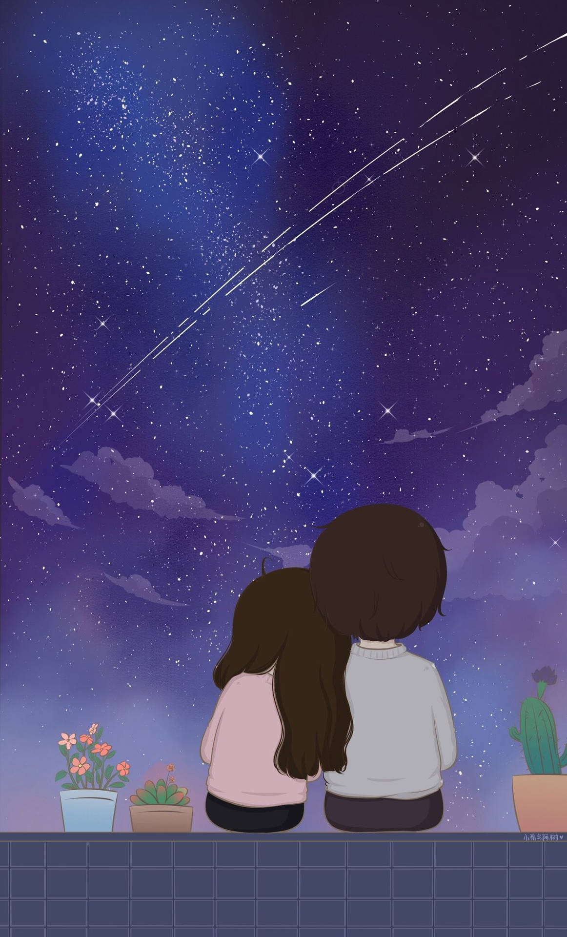 Cute Couple Cartoon Meteor Purple Sky Background