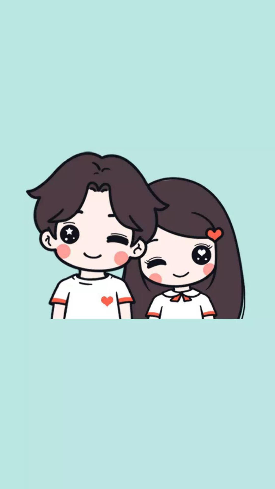 Cute Couple Cartoon Mint Green Background