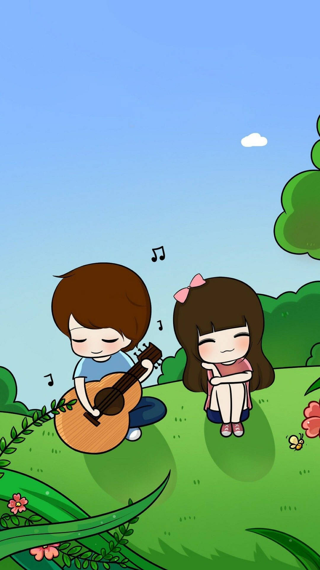 Cute Couple Cartoon Music Guitar Background